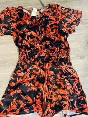 NWT ANTHROPOLOGY Black Romper with Red/Burnt Orange Floral Print